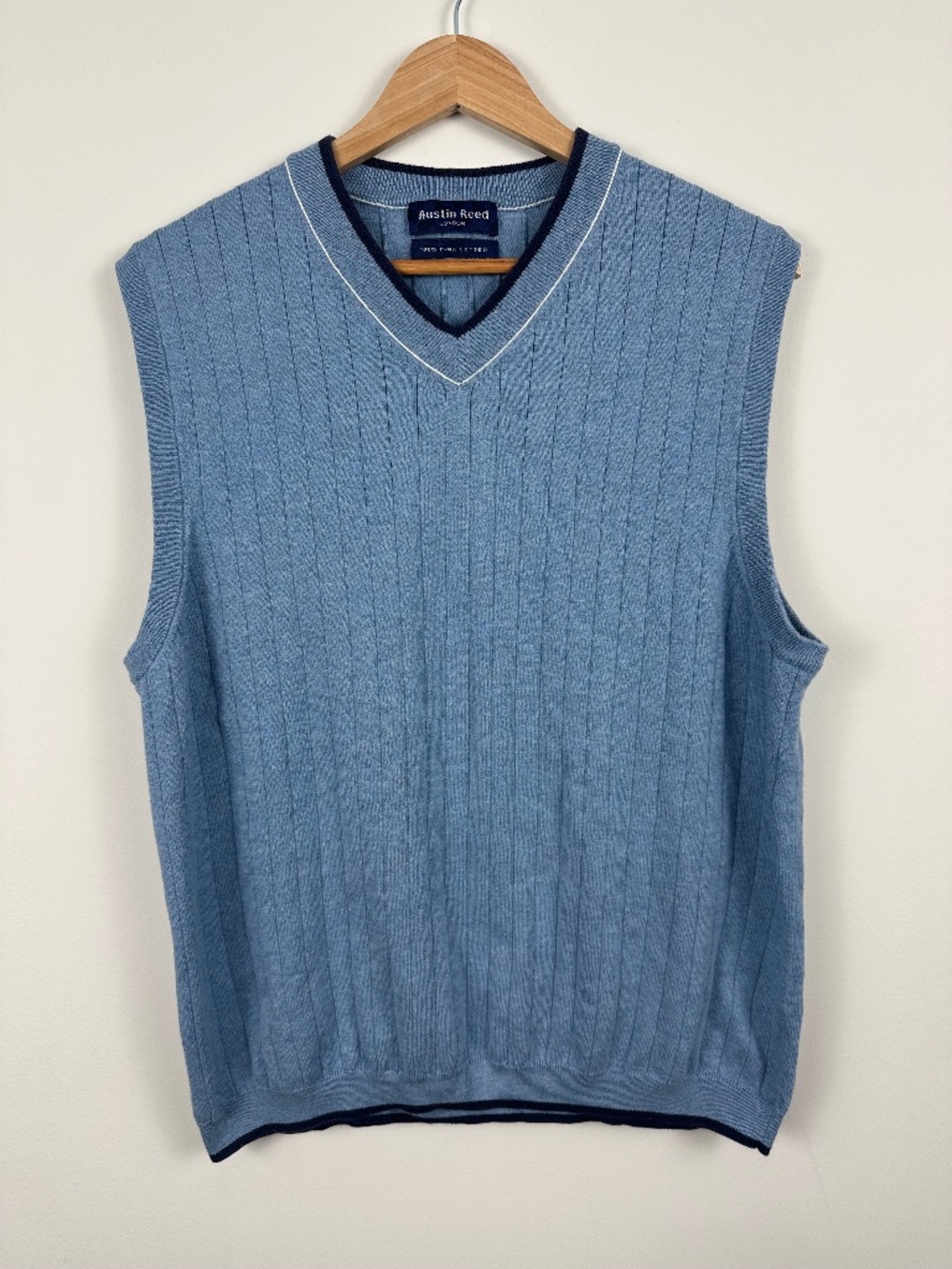 Austin Reed Pima Cotton Sweater Vest Blue Ribbed V Neck Men's L